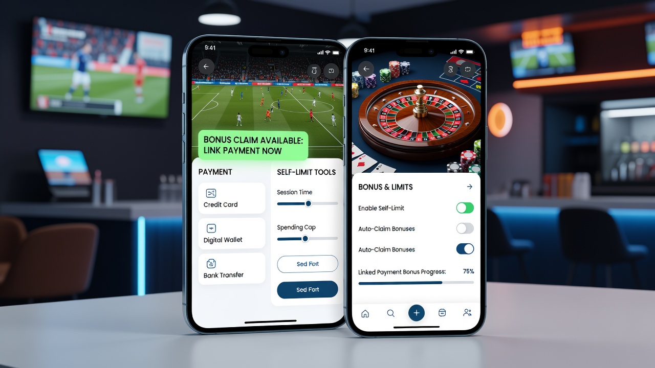 Darstellung von Transaktionsflüssen und Selbstlimit-Tools in einer mobilen Casino- und Wetten-App während einer Live-Session